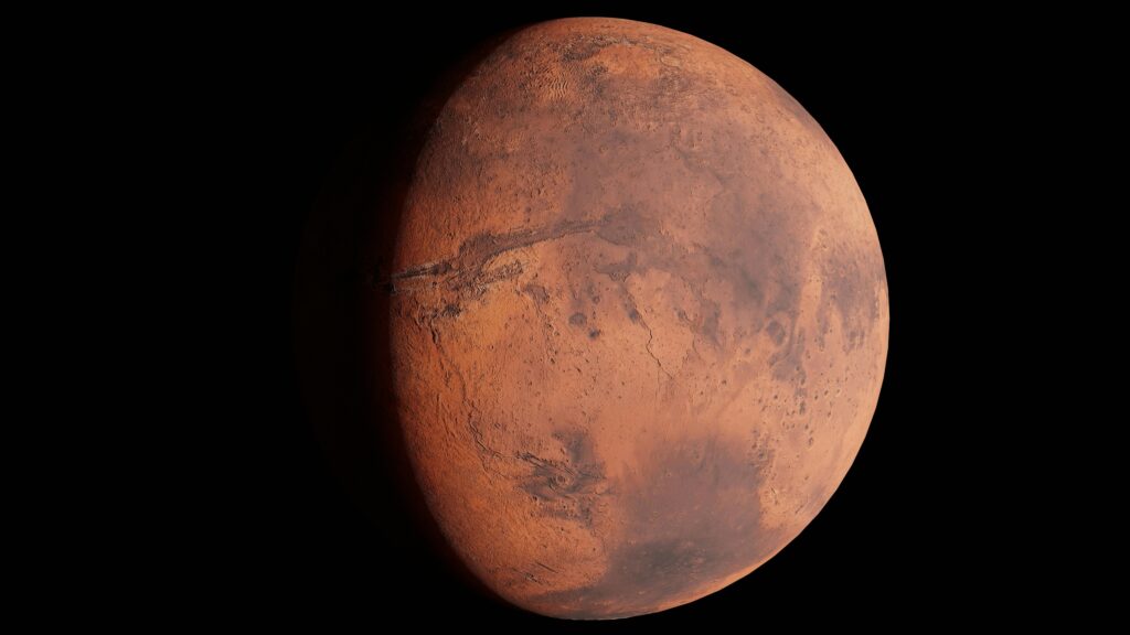 A high-resolution image capturing Mars with its surface details visible in space.