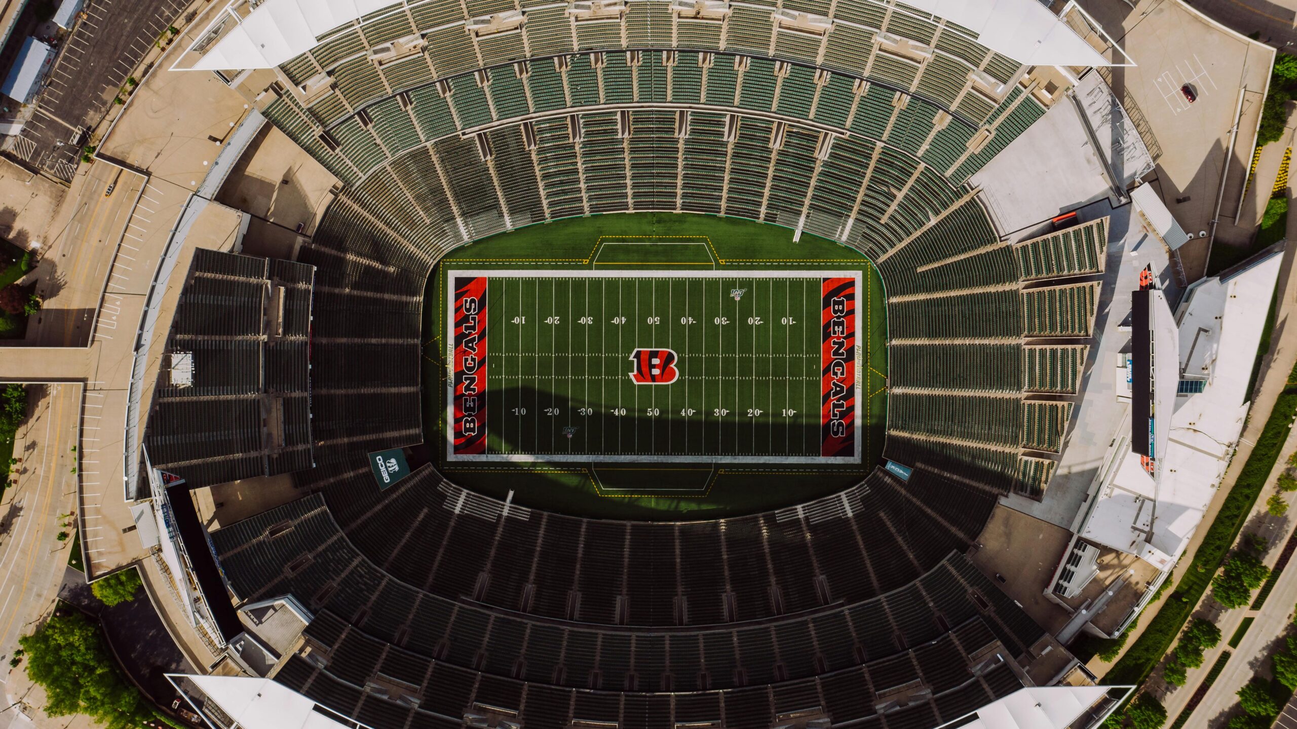 Aerial shot of the empty Paul Brown Stadium, home to the Cincinnati Bengals.