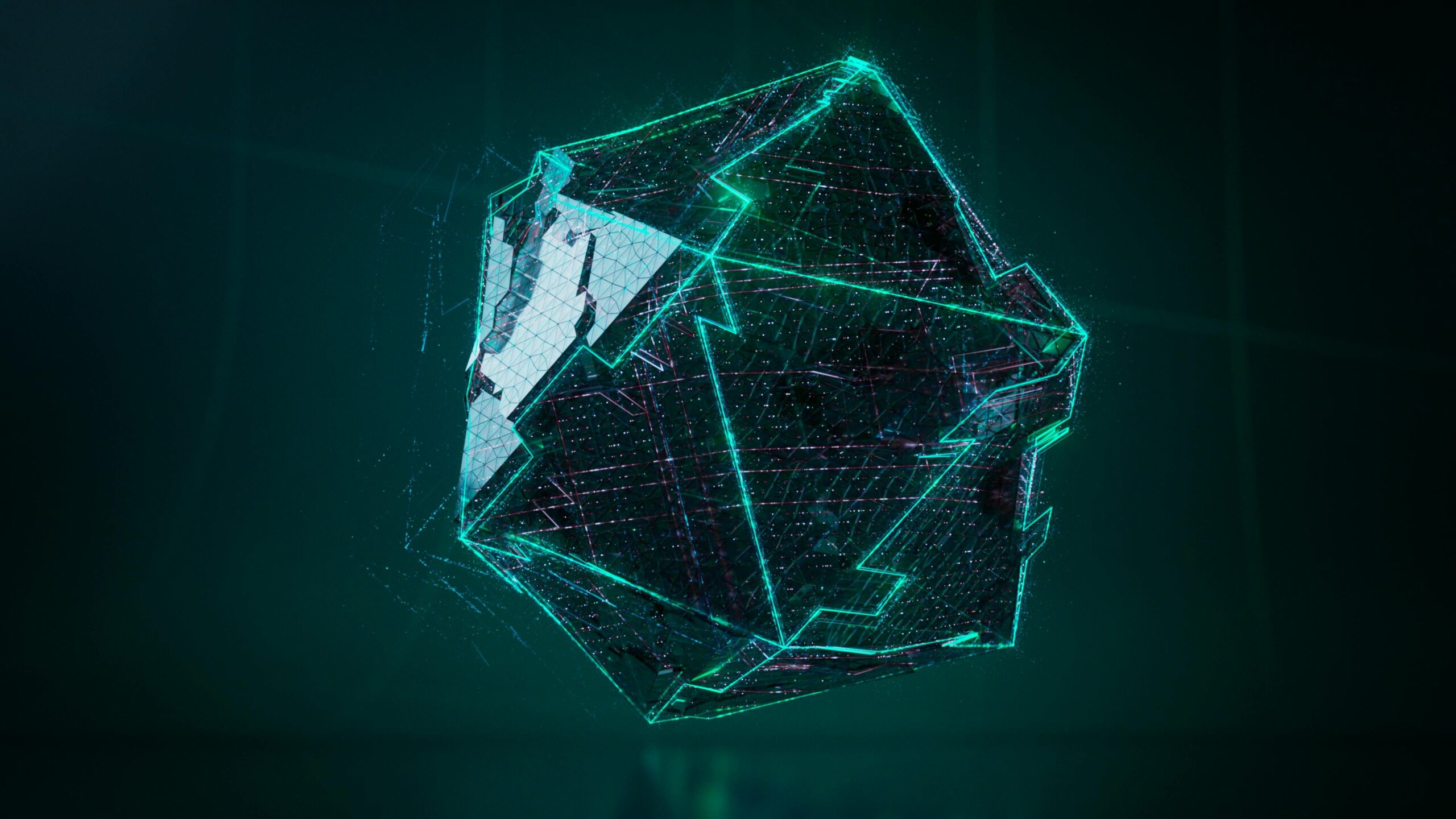 Abstract 3D geometric shape with neon green glow, digital art style, futuristic concept.