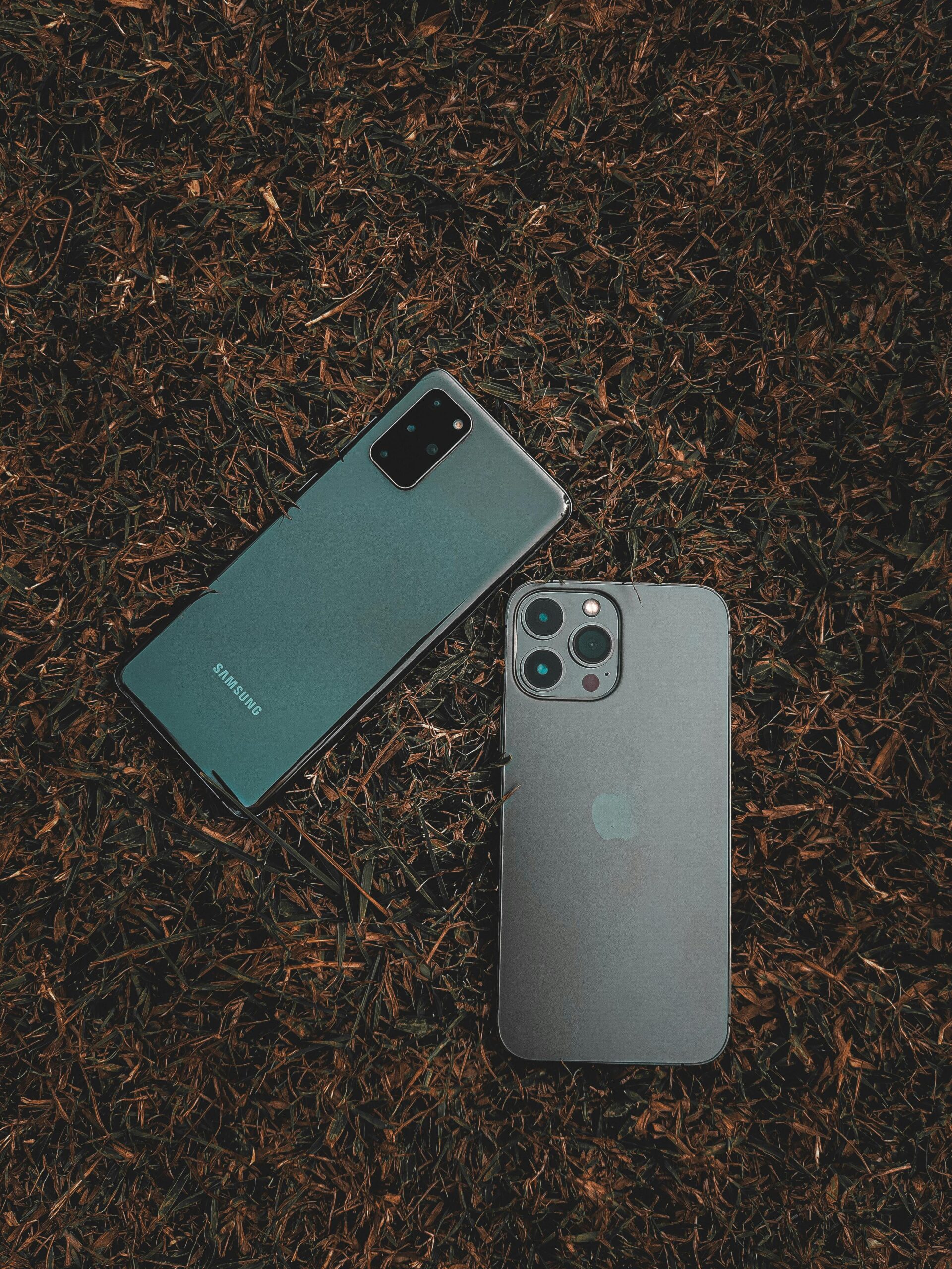 Top view of Samsung and iPhone placed on a grassy surface, showcasing modern smartphone design.